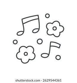 Cute floral illustration. Gentle design featuring flowers and musical notes. Hand drawn monochrome illustration isolated on a white background. Kawaii sticker. Vector 10 EPS.