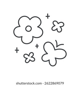 Cute floral illustration. Gentle spring design of flowers and butterflies. Hand drawn monochrome illustration isolated on a white background. Kawaii sticker. Vector 10 EPS.