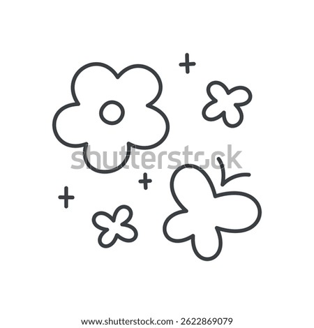 Cute floral illustration. Gentle spring design of flowers and butterflies. Hand drawn monochrome illustration isolated on a white background. Kawaii sticker. Vector 10 EPS.