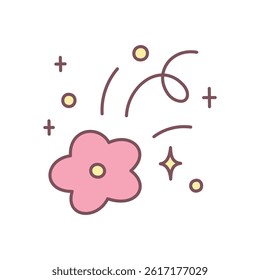Cute floral illustration. Pink flower flying like a sparkling comet. Simple hand drawn illustration isolated on a white background. Kawaii sticker. Vector 10 EPS.