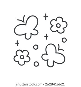 Cute floral illustration. Two butterflies surrounded by little flowers and sparkles. Hand drawn monochrome illustration isolated on a white background. Kawaii spring sticker. Vector 10 EPS.