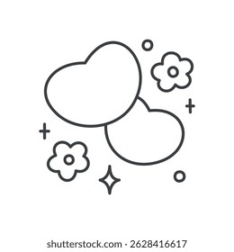 Cute floral illustration. Two hearts surrounded by flowers, stars and sparkles. Hand drawn monochrome illustration isolated on a white background. Kawaii sticker. Valentine day concept. Vector 10 EPS.