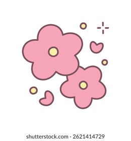 Cute floral illustration. Two pastel pink flower surrounded by little hearts and sparkles. Simple hand drawn illustration isolated on a white background. Kawaii spring sticker. Vector 10 EPS.
