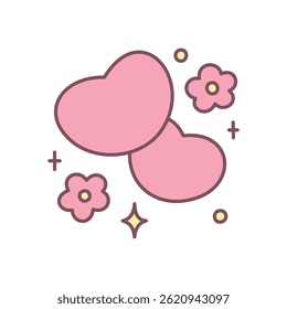Cute floral illustration. Two pink hearts surrounded by flowers, stars and sparkles. Simple hand drawn illustration isolated on a white background. Kawaii sticker. Valentine day concept. Vector 10 EPS