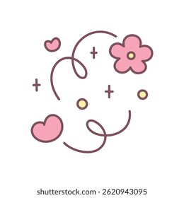 Cute floral illustration. Whimsical design with jumping flower and heart surrounded by stars and sparkles. Simple hand drawn illustration isolated on a white background. Kawaii sticker. Vector 10 EPS.