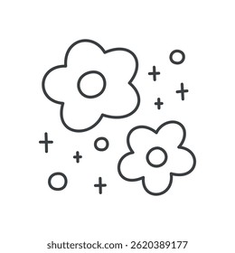 Cute floral illustration. Whimsical spring design of flowers surrounded by sparkles. Hand drawn monochrome illustration isolated on a white background. Kawaii sticker. Vector 10 EPS.