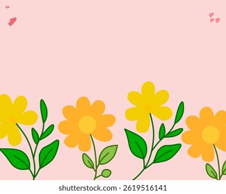 Cute floral illustration with yellow flowers and green leaves on a soft pink background. Ideal for spring-themed designs, greeting cards, posters, and children's illustrations