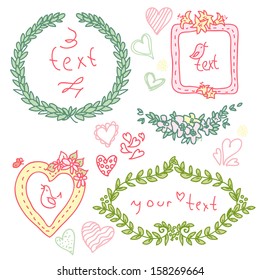 Cute floral labels, vector frame hand draw, doodle love illustration with bird