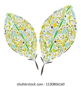 Cute floral in leaf and plant shape isolated on white. Save the world concept vector illustration