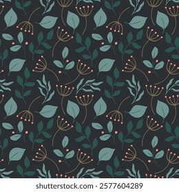 Cute Floral Leaves Botanical Seamless Pattern Background - Vintage Hand Drawn Flowers And Leaves - Flat Vector Illustration Natural Forms - Plants Elements