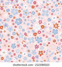 Cute floral minimal seamless repeat pattern. Random placed, little flowers with leaves all over print on beige background.