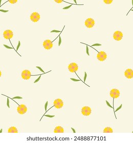 Lindos motivos florales dispersan patrón aleatorio. Flor amarilla y rama de hoja. Diseño de Vector de girasol y verano para tela, envoltura, textil, Fondo de pantalla, tarjeta, fondo, regalo de papel, caja del teléfono.