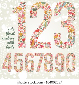 Cute floral numbers with birds. Numbers made of flowers and birds in bright colors. Zero, one, two, three, four, five, six, seven, eight, nine - signs in vector