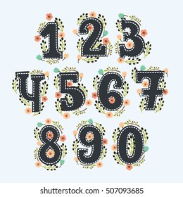Cute floral numbers with decor. Numbers made of flowers and in vintage colors.  signs in vector with wreath on white background. Hand drawn elements for your design and greeting card