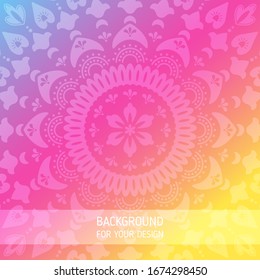 Cute floral ornament background with pink gradient. Round mandala template with place for text