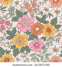 Cute floral pattern. Abstract flowers on cream beige background. Printing with small trendy flowers. Ditsy print. Seamless vector texture. Spring bouquet. Vintage template for fashion prints. Stock 