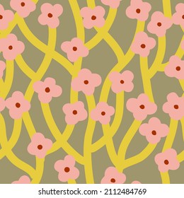 Cute floral pattern with abstract pink and yellow flowers on grey background. Stylish design for textile,wallpaper, design paper.