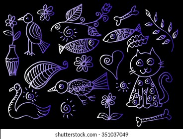 Cute floral pattern with animal, bird, cat,swan,and fish. Hand drawing illustration
