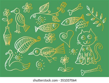 Cute floral pattern with animal, bird, cat,swan,and fish. Hand drawing illustration