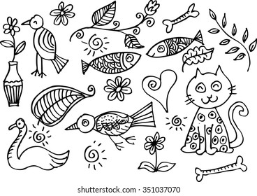 Cute floral pattern with animal, bird, cat,swan,and fish. Hand drawing illustration