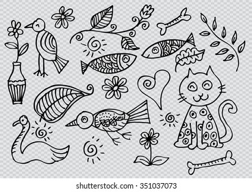Cute floral pattern with animal, bird, cat,swan,and fish. Hand drawing illustration