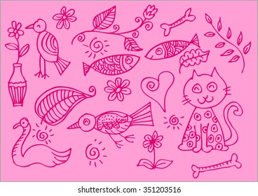 Cute floral pattern with animal, bird, cat,swan,and fish. Hand drawing illustration