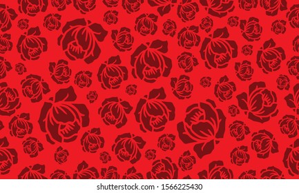 Cute floral pattern background, plant drawing dark red flower.