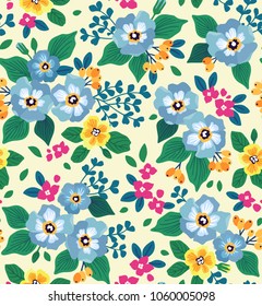 Cute floral pattern beautiful flower. Seamless vector texture. Elegant template for fashion prints. Printing with small pale blue and yellow flowers. White background.