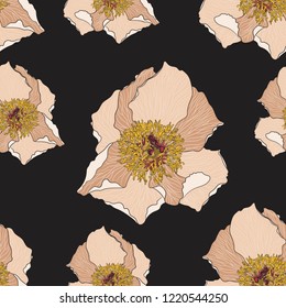 Cute floral pattern with beige peony flower. Seamless vector texture. Elegant template for fashion prints. Printing with small rose-colored flowers. Black background.