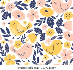 Cute floral pattern with birds. Spring vector seamless background with birds, flowers and leaves. Cartoon style, hand drawn childish print design.