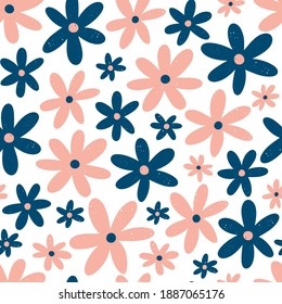Cute floral pattern with blue and pink hand drawn flowers isolated on white background. Scandinavian style vector illustration.