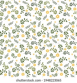 Frische Blumenmuster mit Ästen und Blättern. Motive werden zufällig verstreut. Nahtlose Vektorstruktur. Elegante Vorlage für Modedrucke. Drucken Sie mit kleinen gelben Blumen. Weißer Hintergrund.