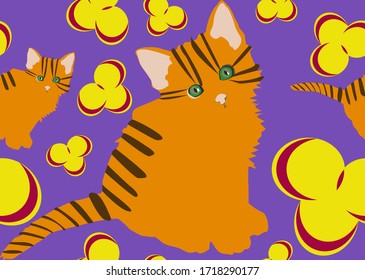 Cute floral pattern with cats. Colorful flower vector background.

