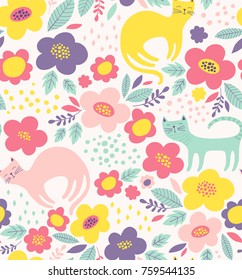 Cute floral pattern with cats. Colorful flower vector background. 