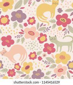 Cute floral pattern with cats. Vintage flower vector background. 