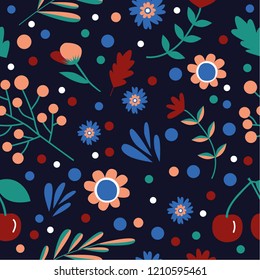 cute floral pattern with cherries on a dark background