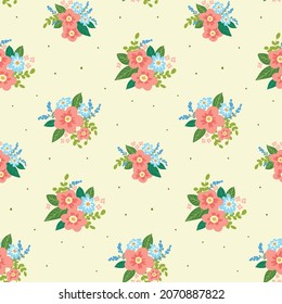 Cute floral pattern with childish design. Simple small flowers and leaves are collected in bouquets on a light background. Vector illustration.