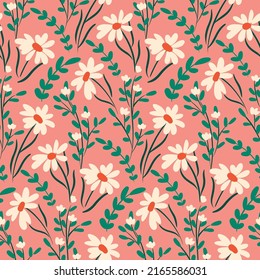 Cute floral pattern with daisies, simple white flowers, leaves on a pink background. Seamless pattern with pretty meadow, hand drawn plants. Vector illustration.