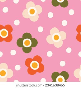 Cute Floral pattern with dots. Vector seamless texture with simple flowers. Bold floral texture in retro style.