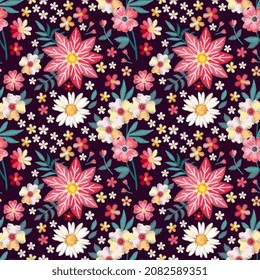 Cute floral pattern with embroidered flowers. Seamless design for fabric and textile. 