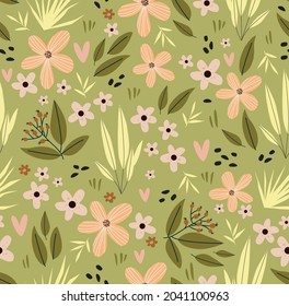 Cute Blumenmuster in der Blume. Nahtlose Vektorstruktur. Elegante Vorlage für Modedrucke. Drucken mit sehr kleinen rosa Blumen. Grüner Hintergrund.