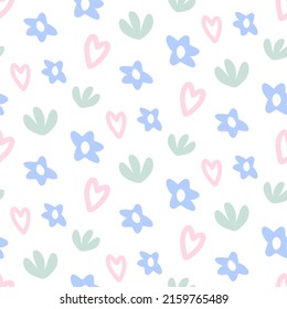 Cute floral pattern with flowers, abstract hearts on white background. Lovely blue daisy, green leaves. Soulful seamless textile prints for girls. Hand drawn picture of chamomile. Vector illustration.