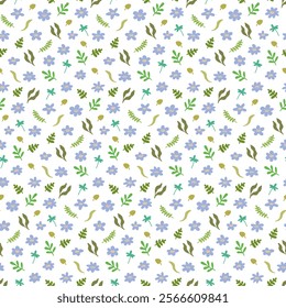 Cute floral pattern with flowers, abstract hearts on white background. Lovely blue daisy, green leaves. Soulful seamless textile prints for girls. Hand drawn picture of chamomile. Vector illustration.