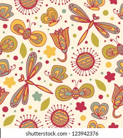 Cute floral pattern with flowers, dragonflies and butterflies. Ornate fabric seamless texture. Doodle childish lace background