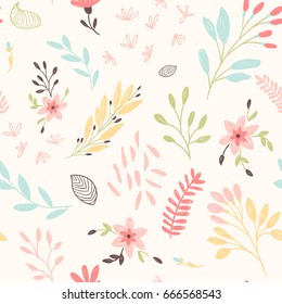 Cute floral pattern with flowers and leaf. Vector seamless print.