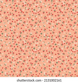 Cute floral pattern with flowers. Seamless vector pattern. Elegant template for fashion prints. Small white and red flowers. Coral background. Summer and spring motifs. Stock vector.