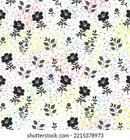 Cute floral pattern in the form of small flowers. Seamless vector texture. An elegant template for fashionable prints. Print with small black colors. White background with colored splashes.