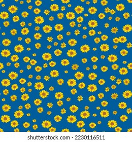 Cute floral pattern in the form of a small flower. Seamless vector texture. Print with small yellow flowers on a blue background.