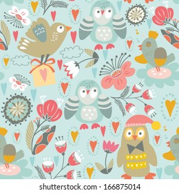 Cute floral pattern with funny birds.