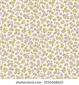 Cute floral pattern. Gentle flowers on light ivory beige background. Printing with small flowers. Ditsy print. Seamless vector texture. Spring bouquet. Vintage template for fashion prints. Stock 